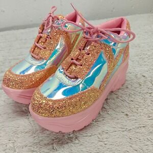 YRU Pink Holographic Glitter Chunky Platform Sneaker Shoe Sz7 Rave Festival Punk